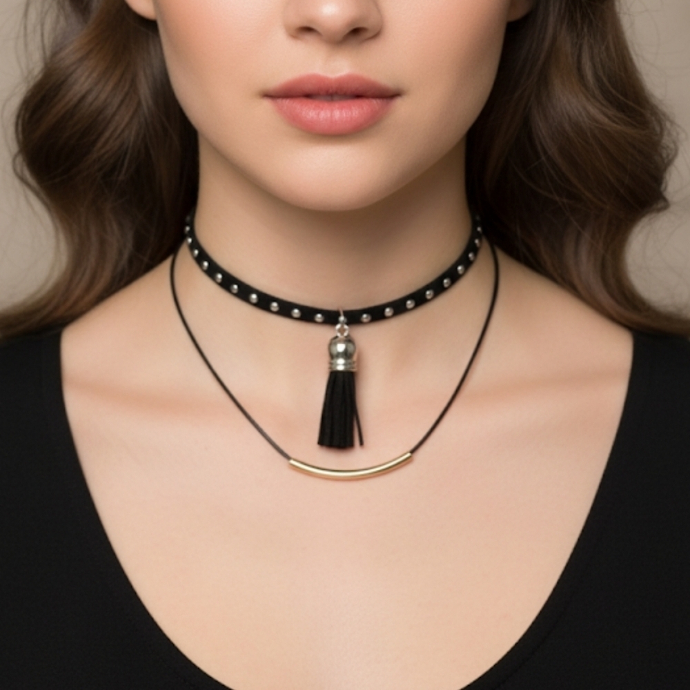 Elegant Black and Gold Choker Necklace New Tassel
